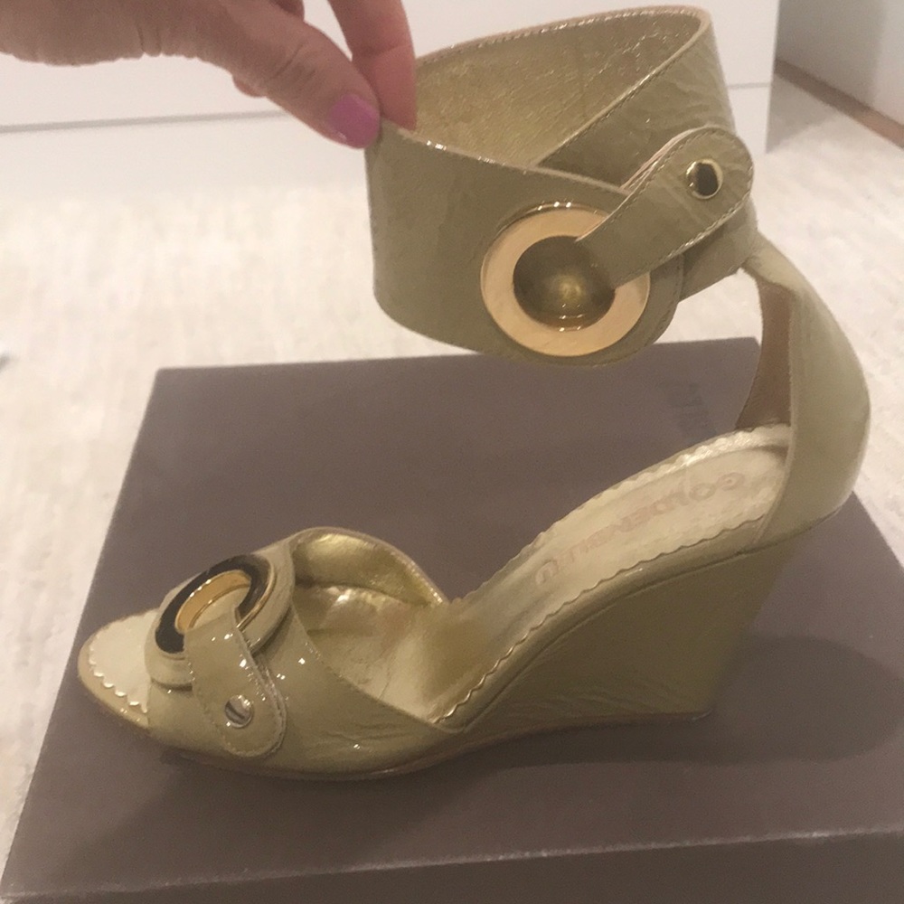 Goldenbleu Beige Patent Caitlyn Ankle Strap Wedge